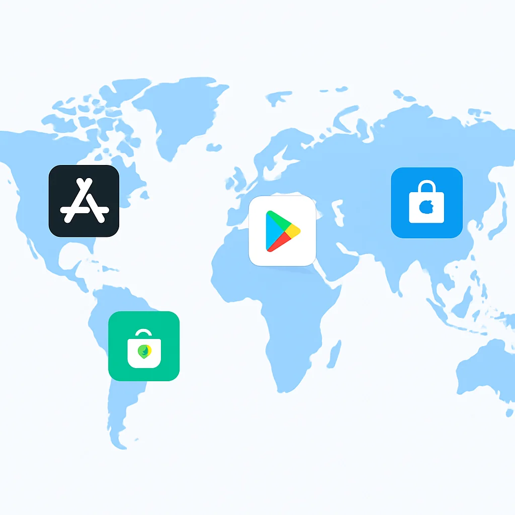 Mapa mundial mostrando listados de tiendas de apps localizados para diferentes regiones
