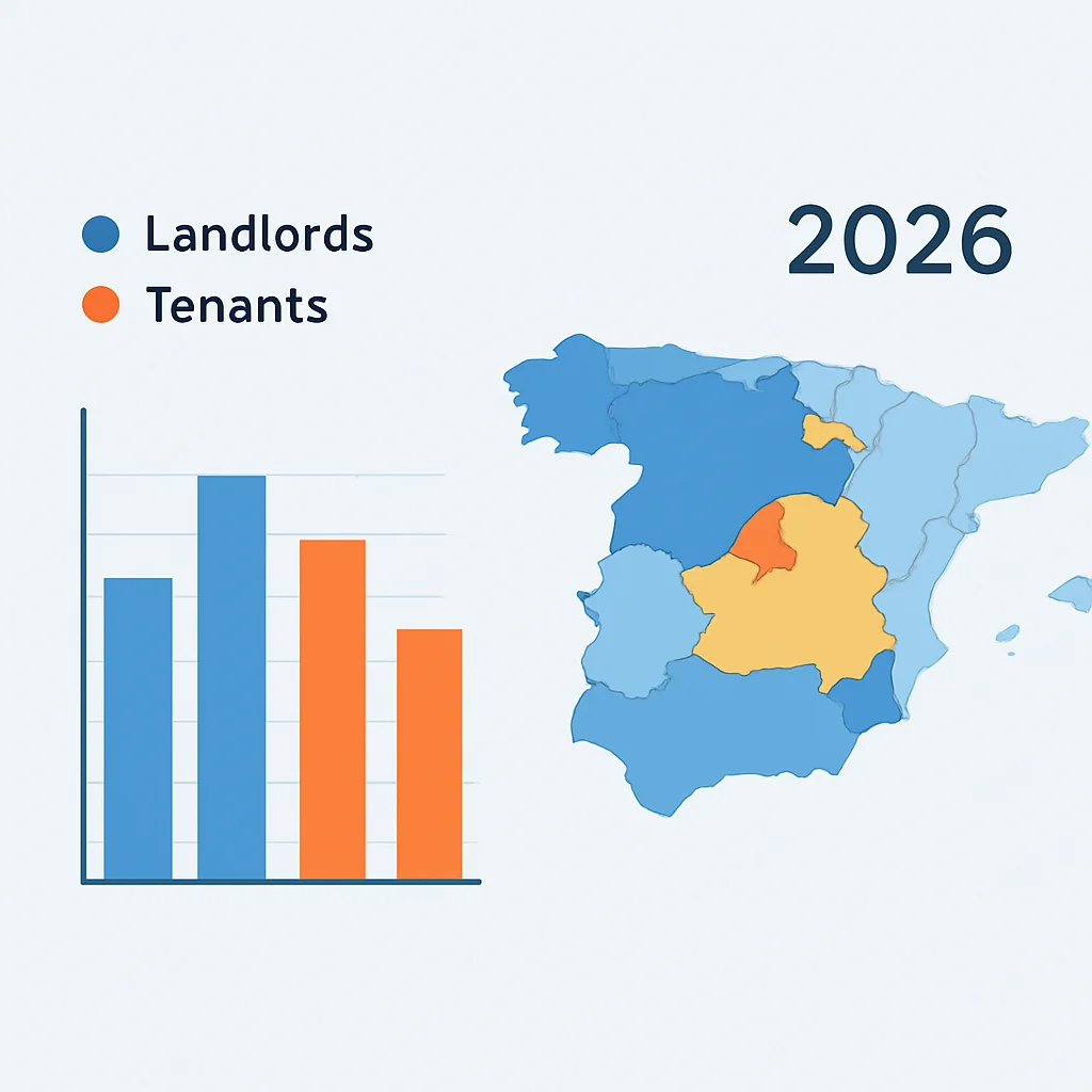 Gráfico mostrando diferentes deducciones fiscales para propietarios e inquilinos en varias regiones españolas para 2026
