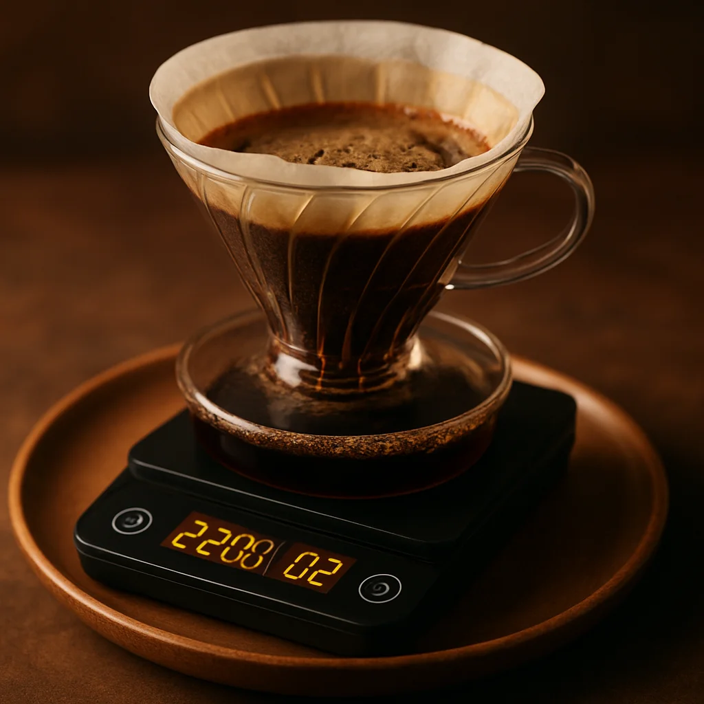 Báscula digital de café con temporizador y un dripper V60 encima