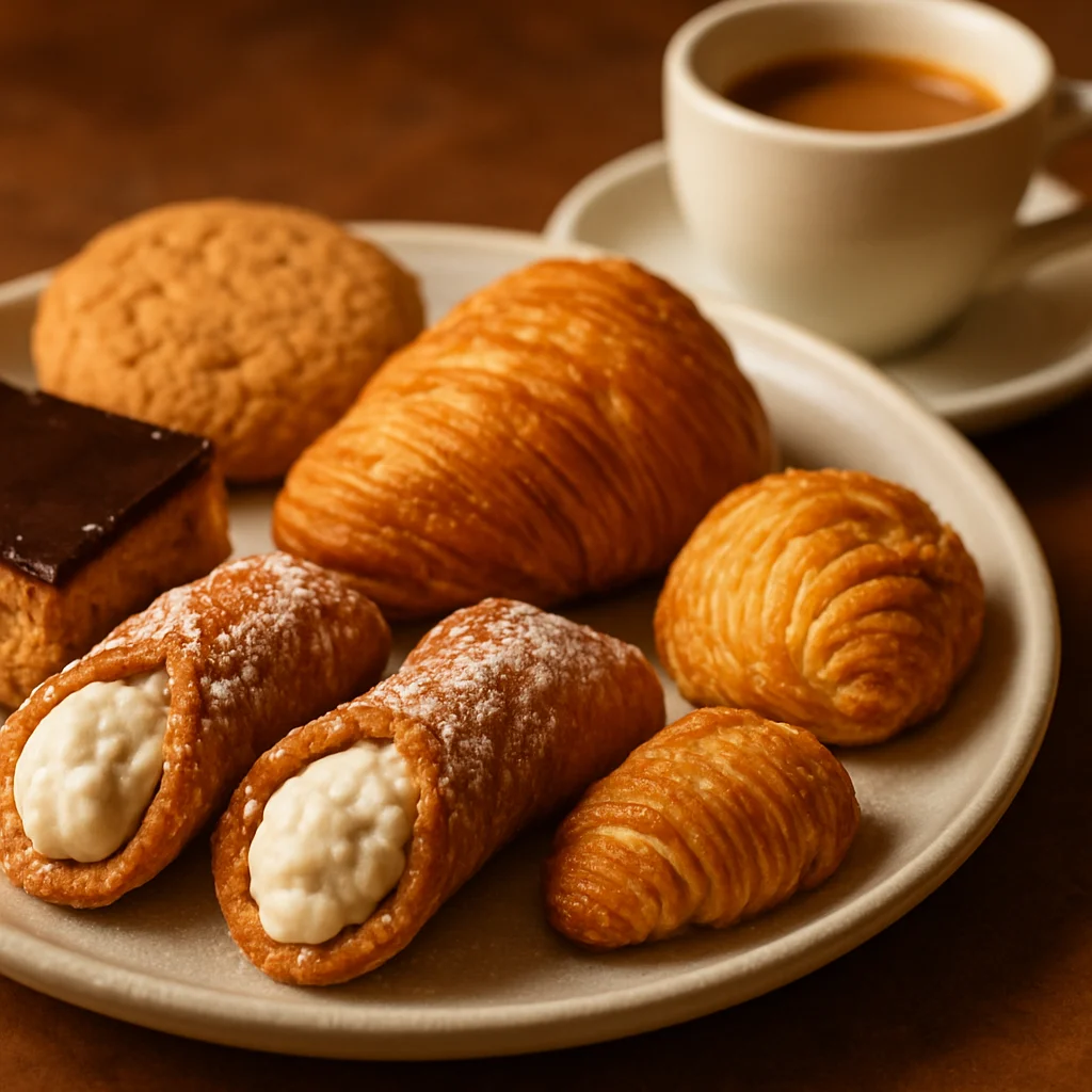 Surtido de pasteles italianos veganos y café