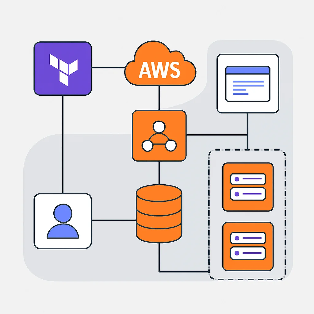 Diagrama de arquitectura detallado para el despliegue de una aplicación web en AWS usando Terraform, mostrando todos los componentes y sus conexiones