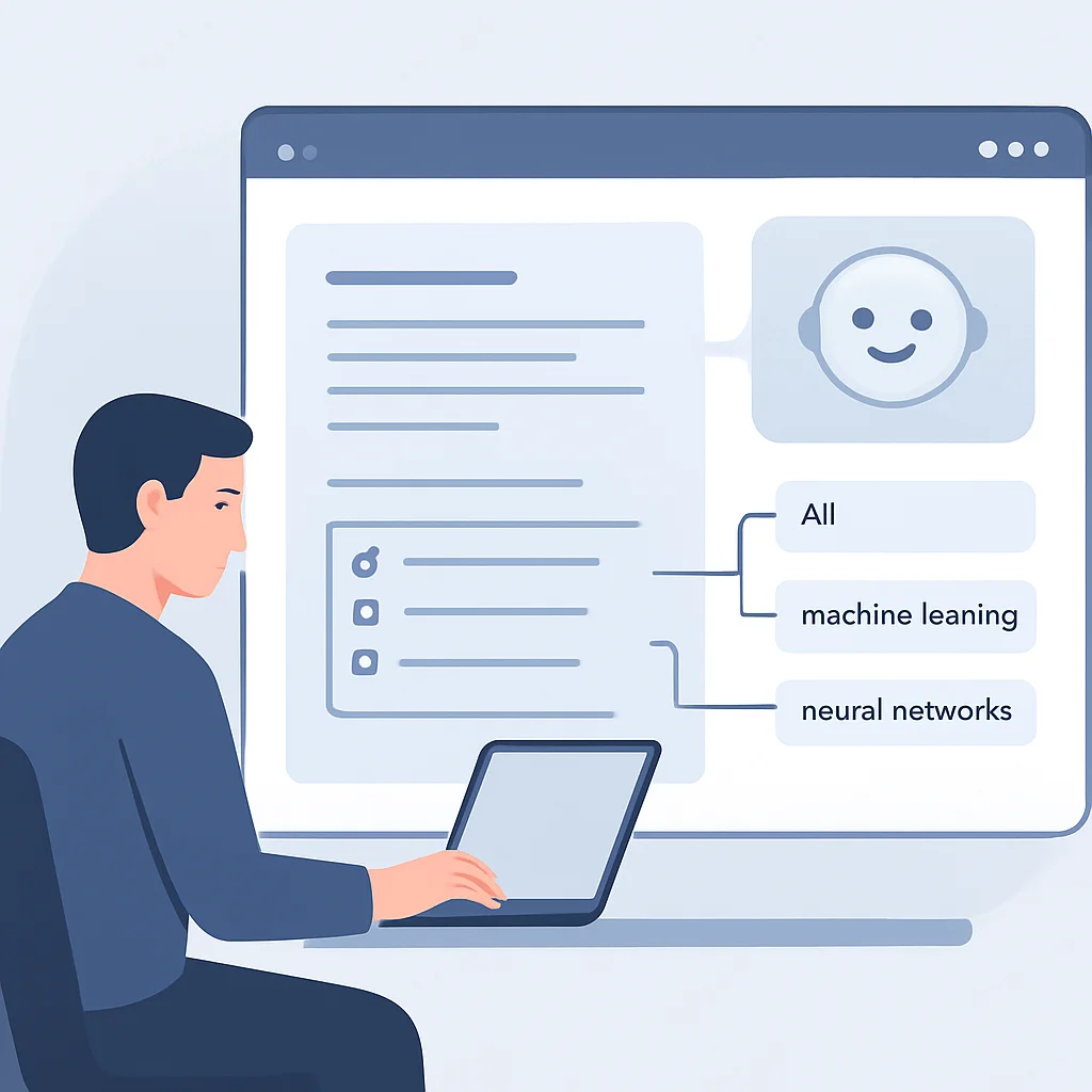 Interfaz futurista de toma de notas con asistente de IA ofreciendo sugerencias y enlazando conceptos automáticamente, mostrando a un desarrollador interactuando con las notas inteligentes.