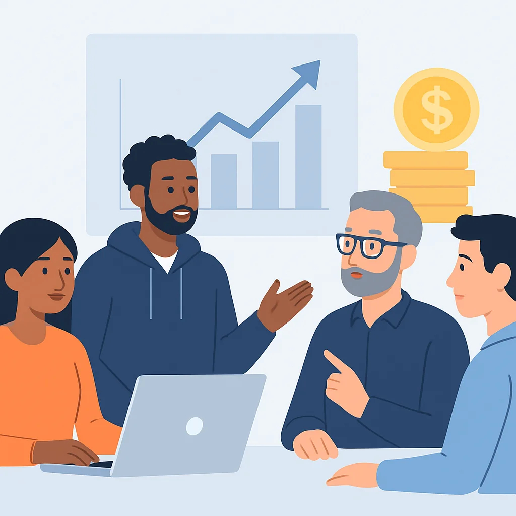 Ilustración de un grupo diverso de desarrolladores (junior, senior, líder) discutiendo estrategias de inversión