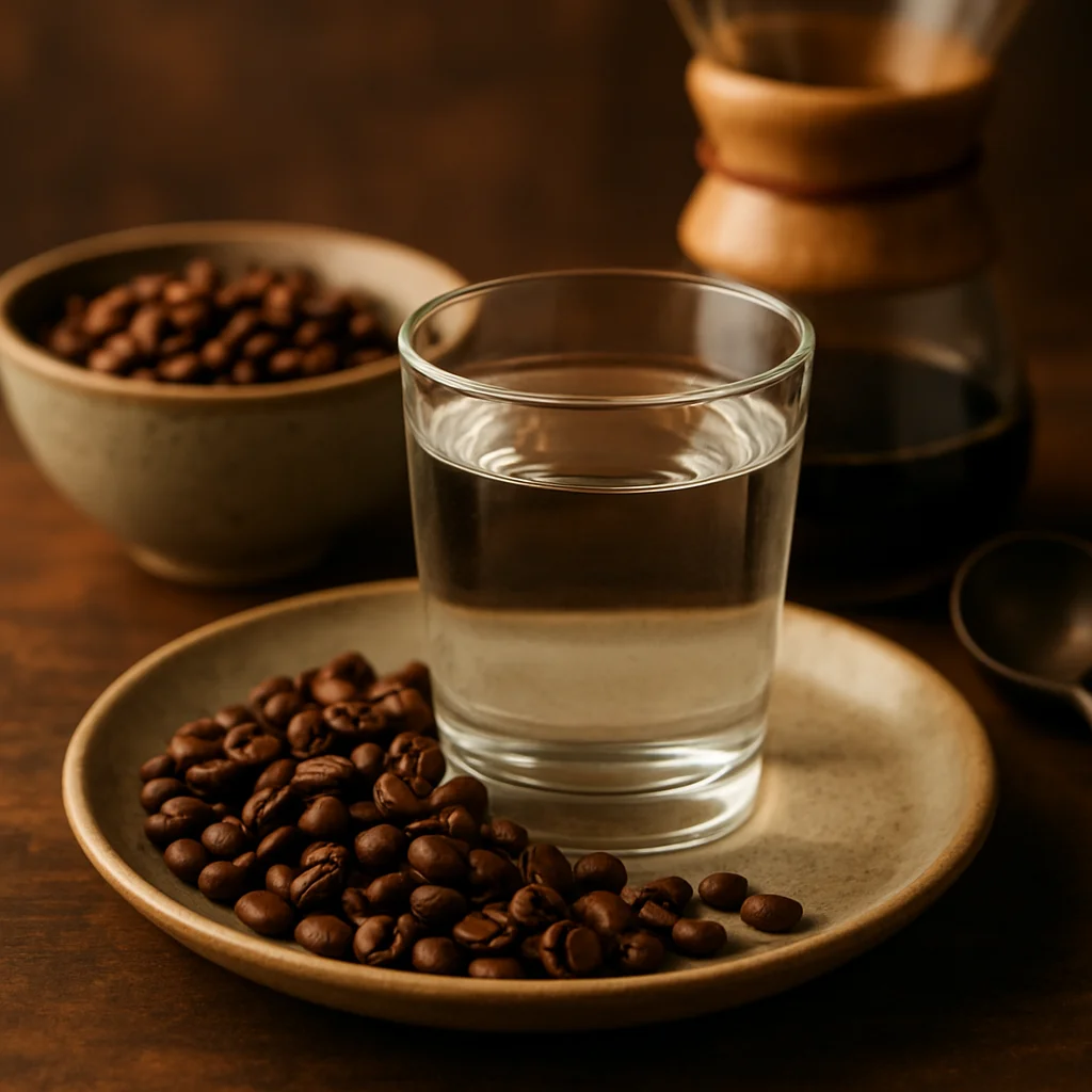 Vaso de agua filtrada junto a granos de café y equipo de preparación