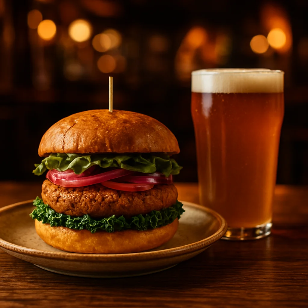 Hamburguesa vegana contundente con cerveza artesana en un pub