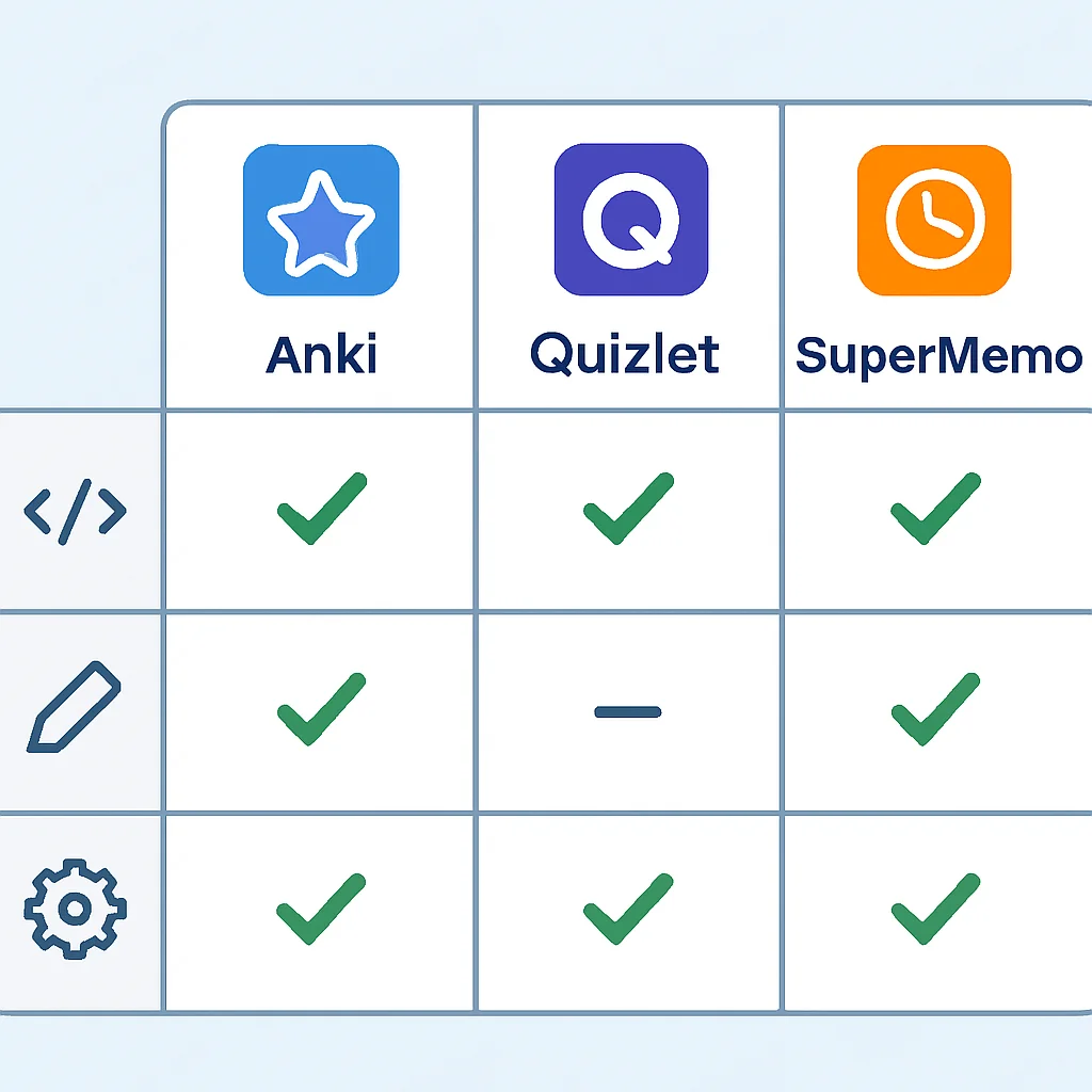 Tabla comparativa de software de repetición espaciada (Anki, Quizlet, SuperMemo) con características relevantes para desarrolladores.
