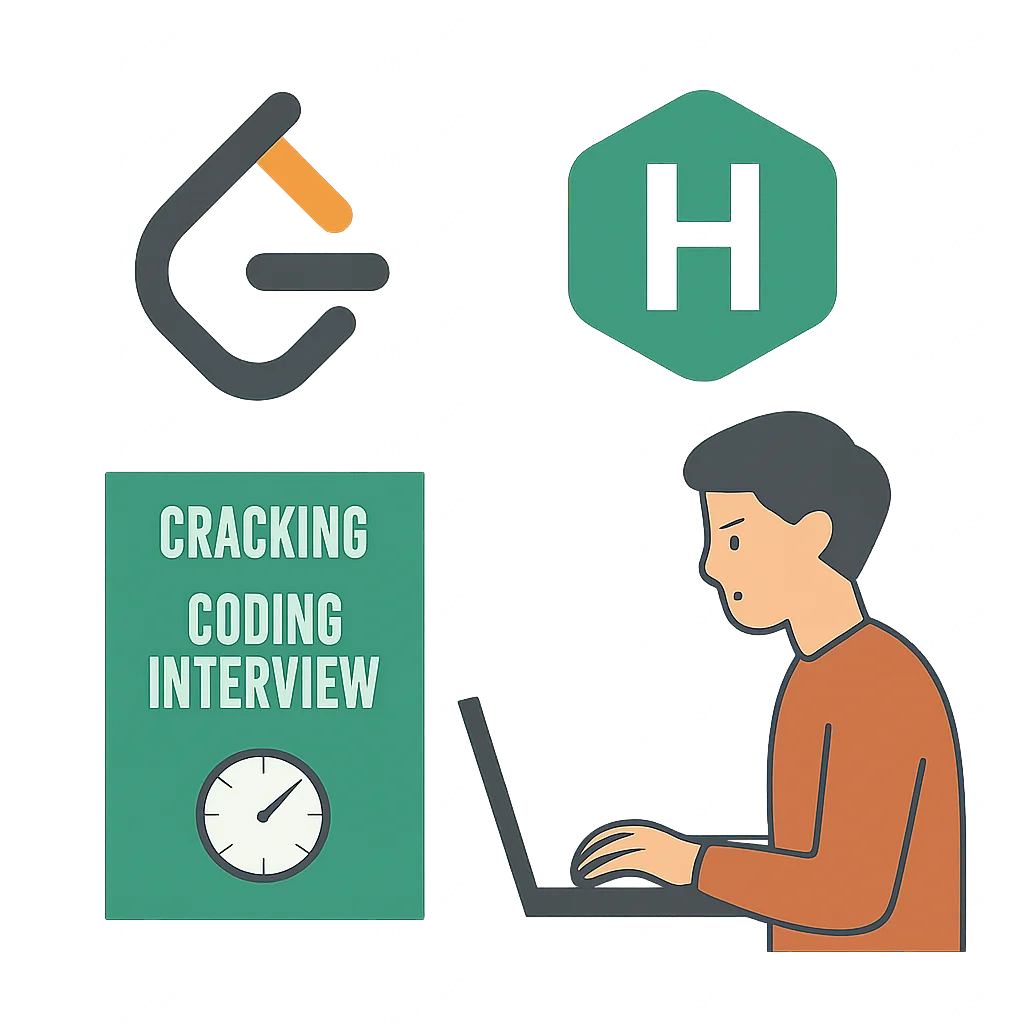 Collage de recursos populares para preparación de entrevistas de codificación: logo de LeetCode, logo de HackerRank, portada del libro 