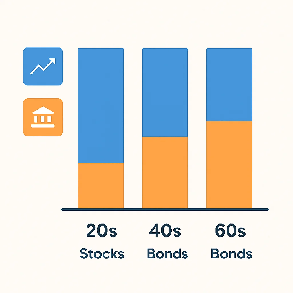 Gráfico comparativo de asignación de activos (acciones vs. bonos) para diferentes grupos de edad