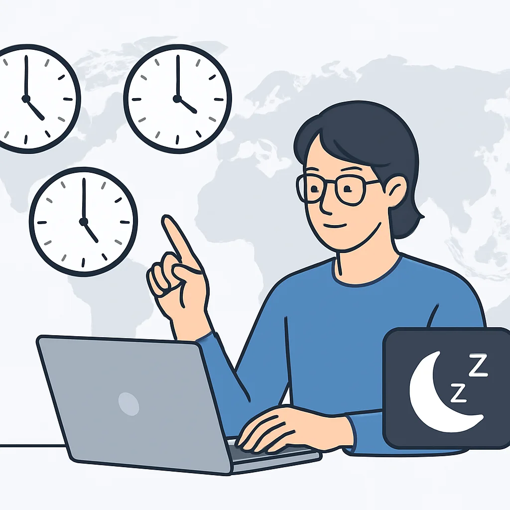Imagen conceptual de un desarrollador gestionando su horario de sueño en diferentes zonas horarias, posiblemente con un reloj mundial y un icono de seguimiento del sueño.