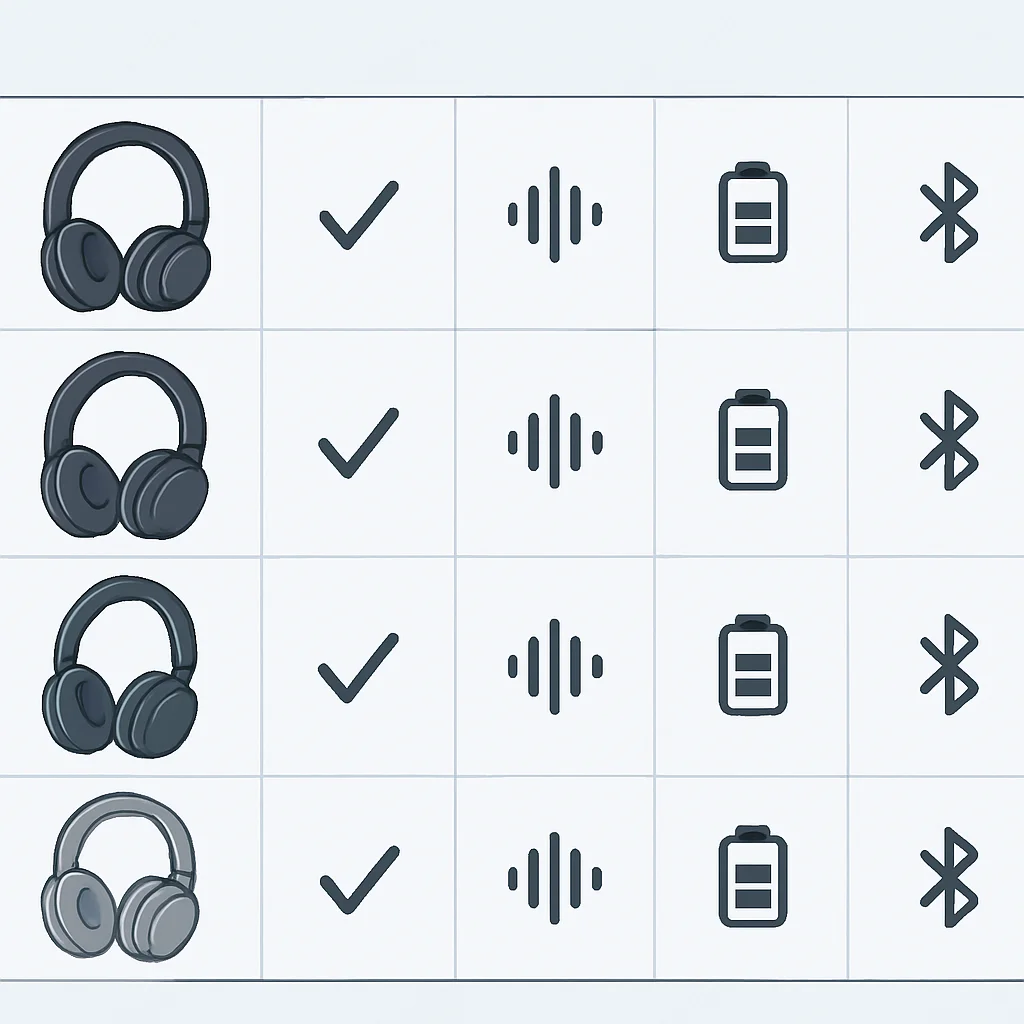 Gráfico comparativo detallado de varios modelos de auriculares con cancelación de ruido con iconos para las características.