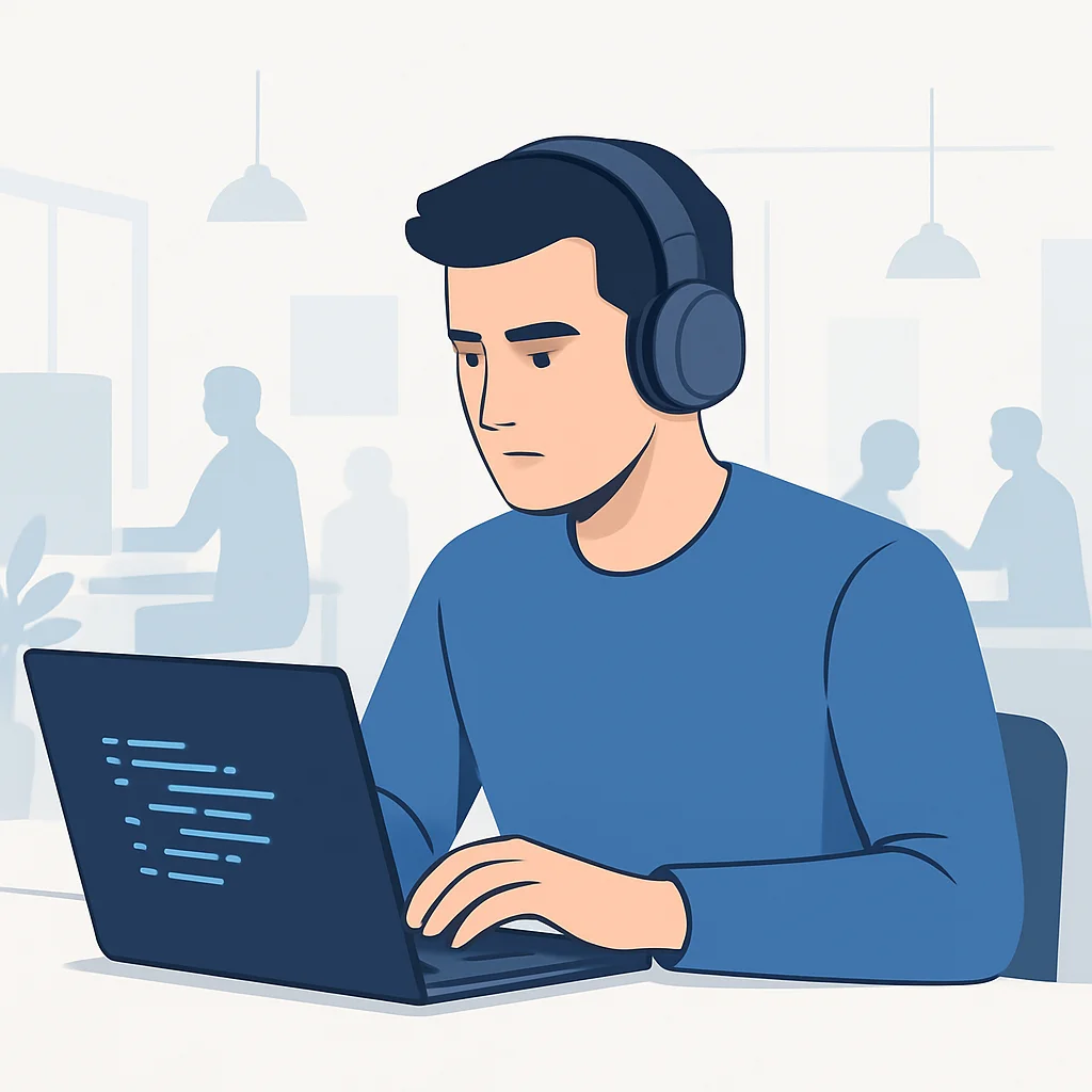 Desarrollador usando auriculares con cancelación de ruido, concentrado en su laptop en un entorno ruidoso.