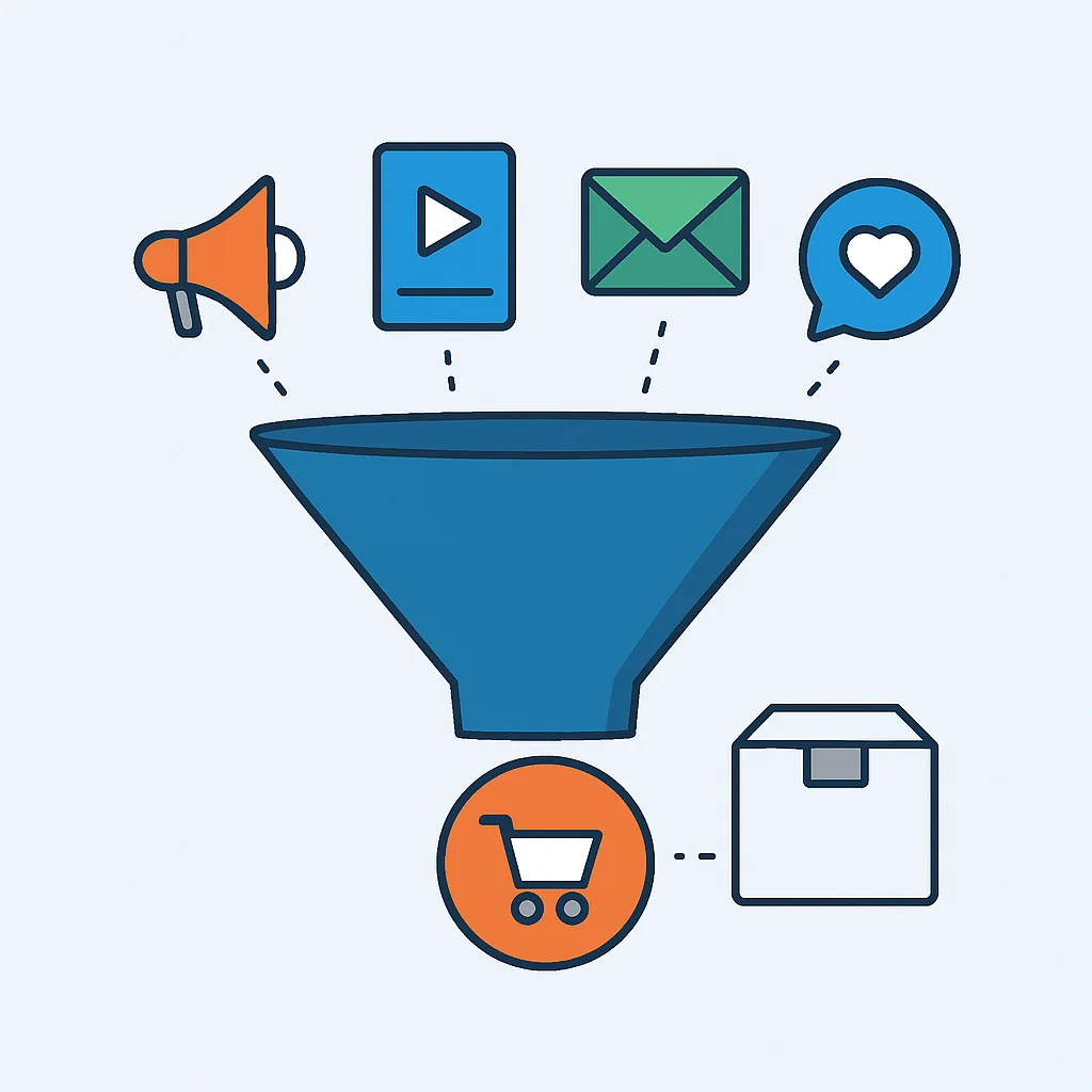 Diagrama de embudo de marketing mostrando canales hacia la conciencia del producto y ventas