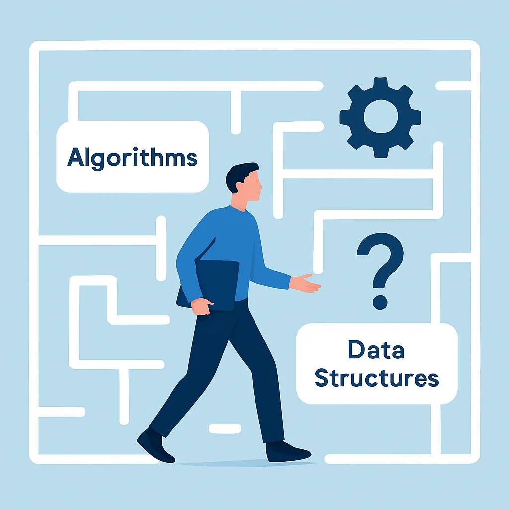 Diagrama abstracto de un desarrollador navegando por preguntas de entrevistas técnicas, usando algoritmos y estructuras de datos como herramientas clave.