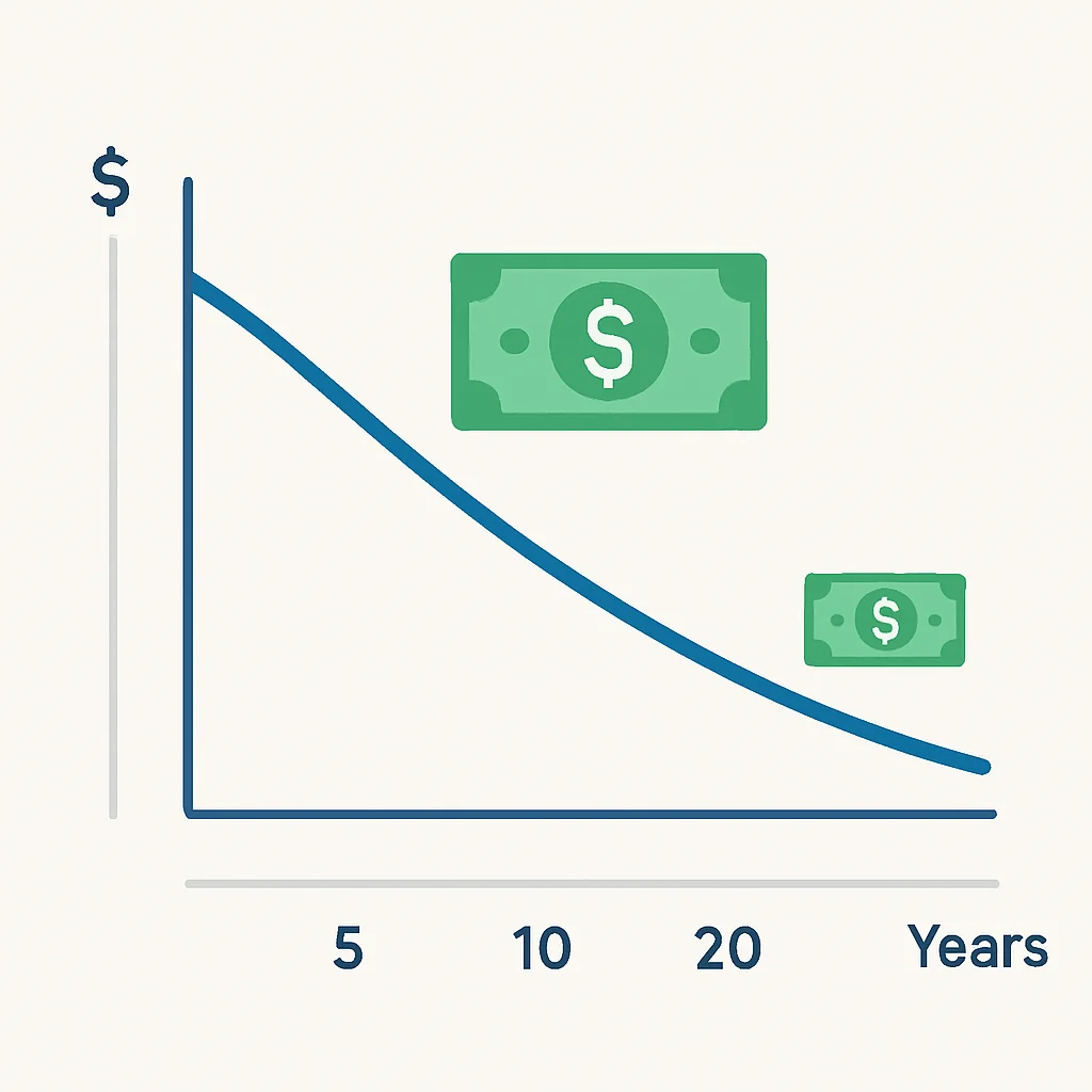 Diagrama de cómo la inflación erosiona el poder adquisitivo a lo largo del tiempo