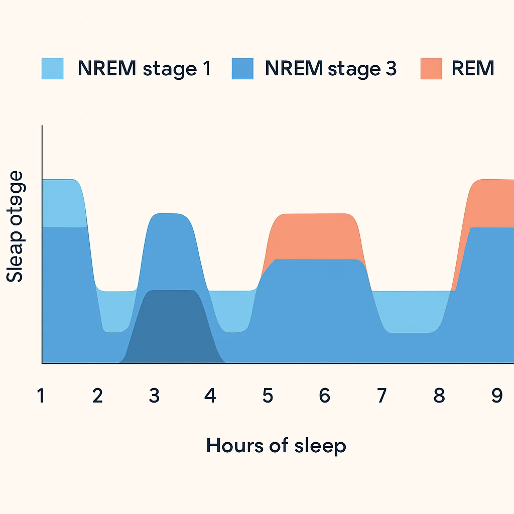 Diagrama de las etapas del sueño (NREM 1, 2, 3 y REM) a lo largo de un ciclo de sueño de 8 horas, mostrando su naturaleza cíclica y duración.