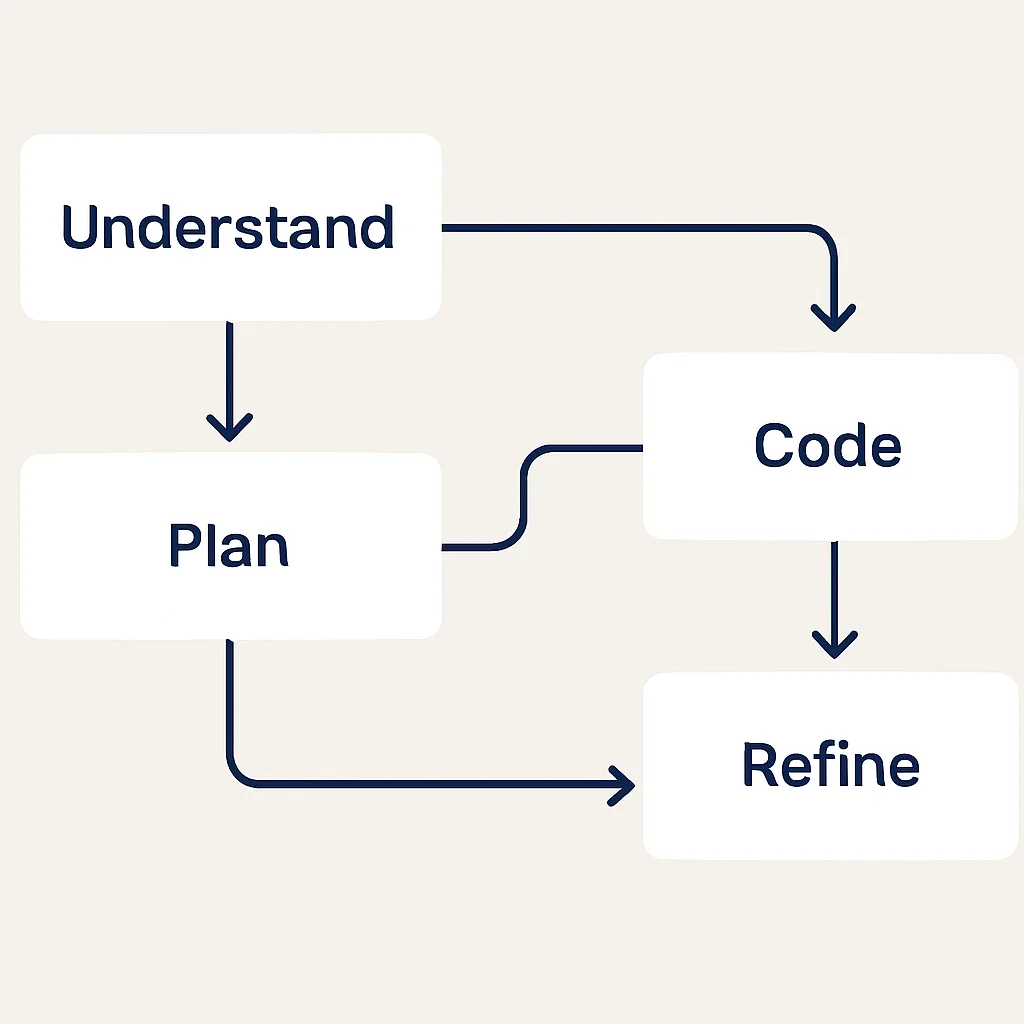 Diagrama de flujo del proceso de 5 pasos para la resolución de problemas (Comprender, Planificar, Codificar, Probar, Refinar) con bucles de retroalimentación.