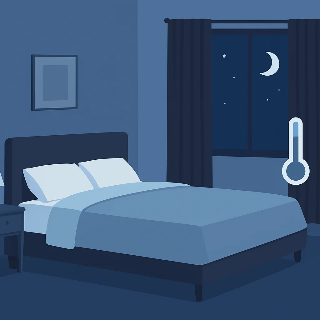 Ilustración de un entorno de dormitorio ideal para dormir, con cortinas oscuras, una cama cómoda, un ambiente tranquilo y una temperatura fresca.