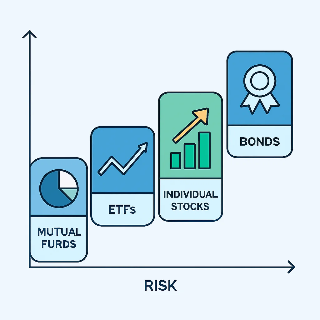 Infografía comparando vehículos de inversión: fondos mutuos, ETFs, acciones y bonos, mostrando riesgo y retorno
