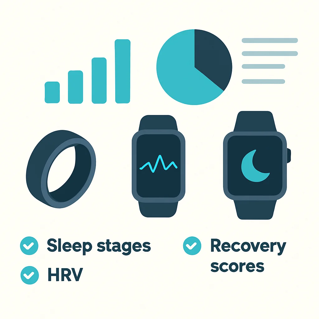 Infografía comparando características de wearables populares de seguimiento del sueño como Oura Ring, Whoop y Apple Watch, destacando datos como etapas del sueño, VFC y puntuaciones de recuperación.