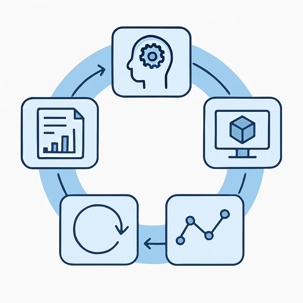 Diagrama del ciclo de vida de MLOps, mostrando las etapas de preparación de datos, entrenamiento del modelo, despliegue, monitoreo y reentrenamiento en un bucle continuo
