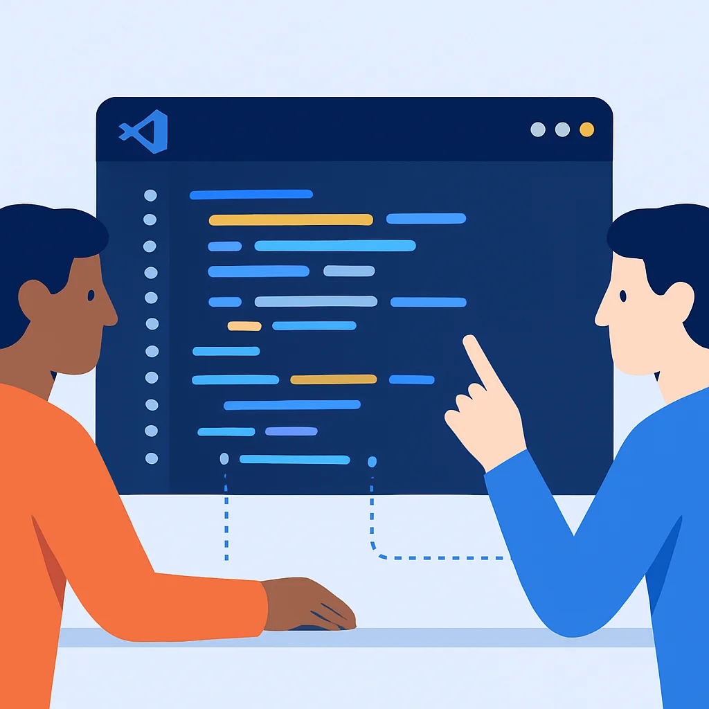 Dos desarrolladores colaborando en el mismo archivo de VS Code usando Live Share, mostrando cursores y ediciones sincronizadas