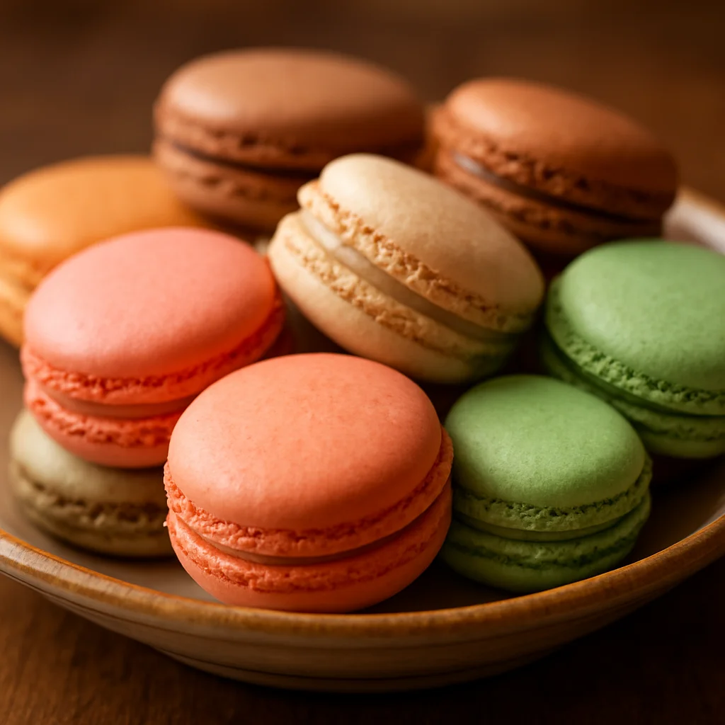 Surtido de coloridos macarons franceses en un expositor