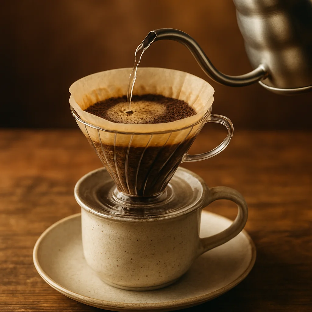 Dripper V60 Hario con tetera de cuello de cisne vertiendo agua