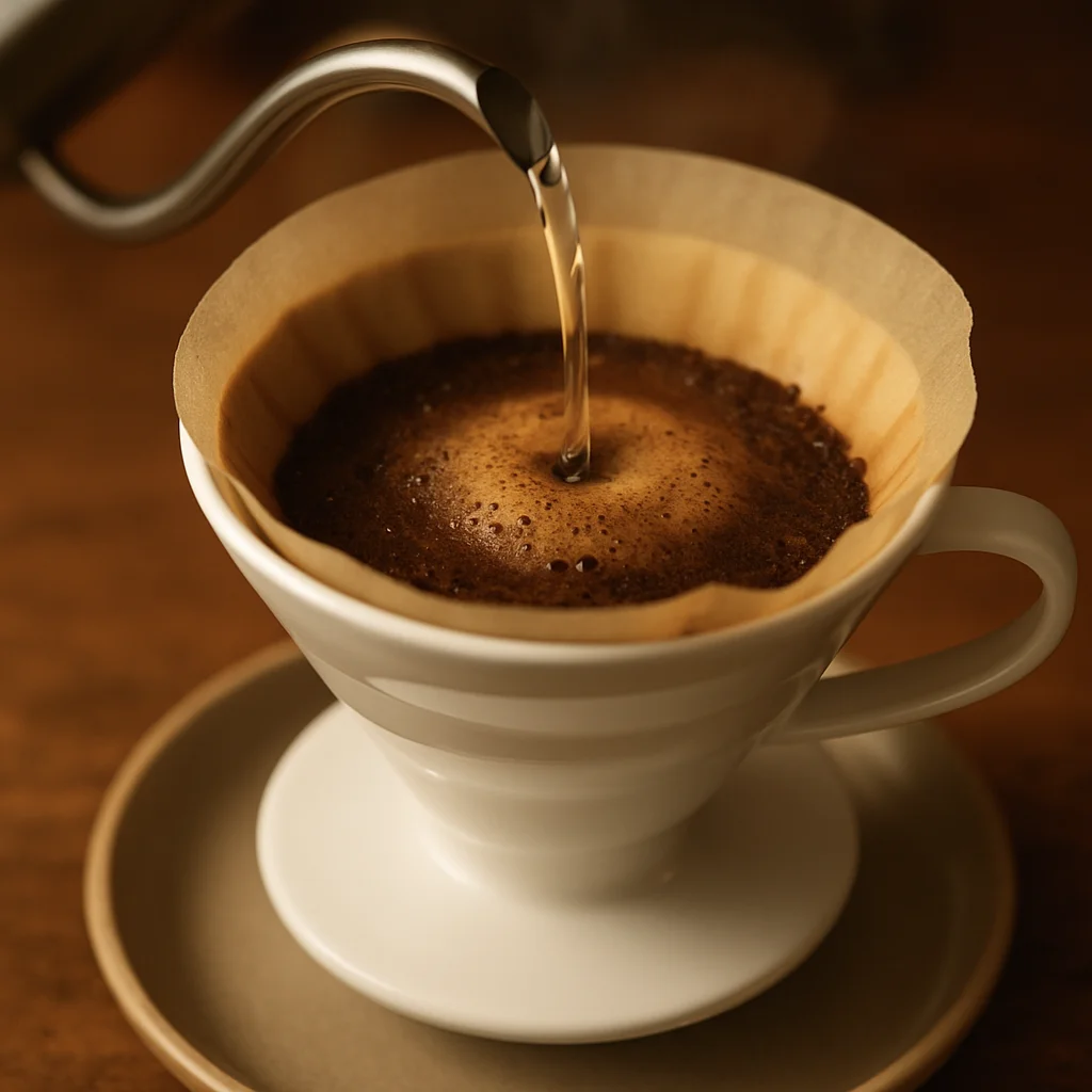 Preparación de café con V60 mostrando la etapa de florecimiento del café