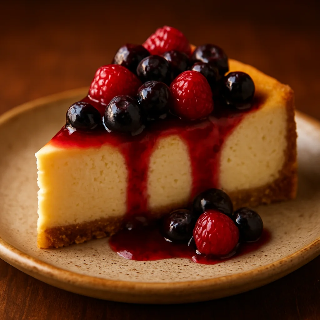 Porción de tarta de queso cremosa con cobertura de frutos rojos