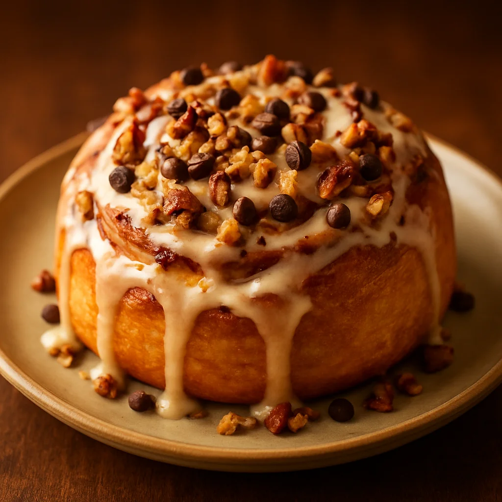 Gran rollo de canela glaseado con varios toppings