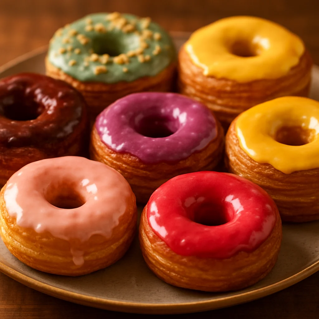 Surtido de donuts gourmet y cronuts con glaseados coloridos