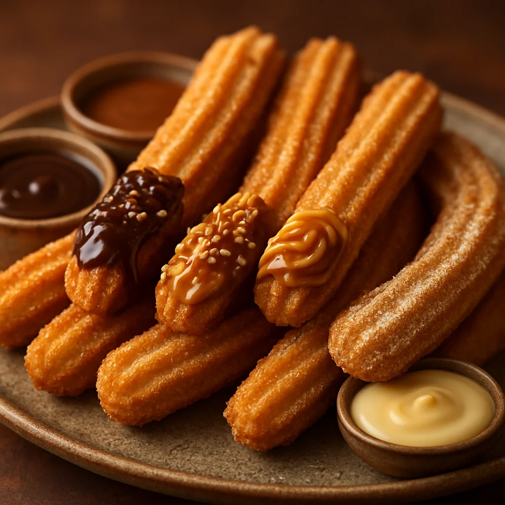Churros crujientes con diversos toppings gourmet y salsas para mojar
