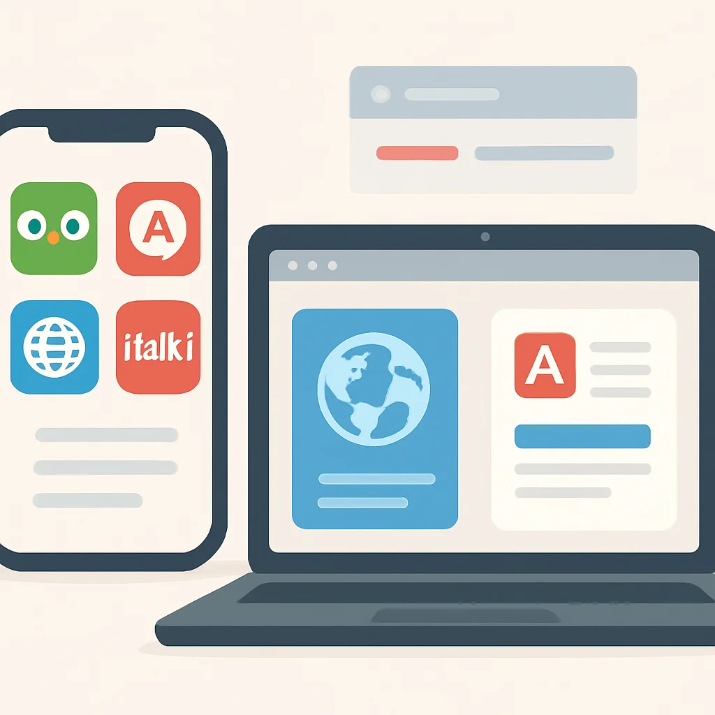 Un collage de varios iconos de aplicaciones de aprendizaje de idiomas e interfaces de sitios web (ej. Duolingo, Tandem, iTalki) mostrados en un smartphone y una laptop, simbolizando herramientas digitales para la inmersión.