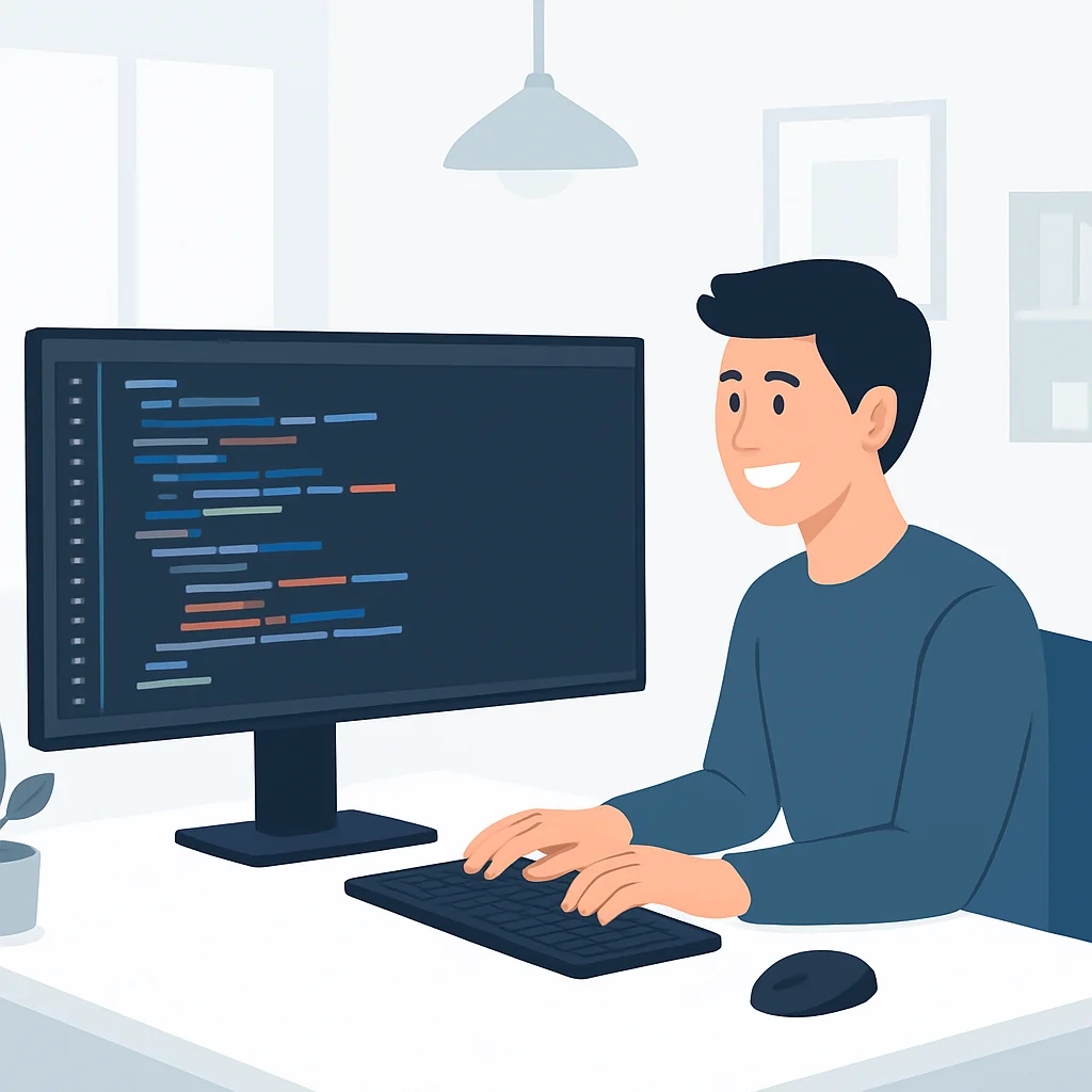 Un desarrollador programando felizmente en un monitor ultrawide en un espacio de trabajo limpio y bien iluminado.