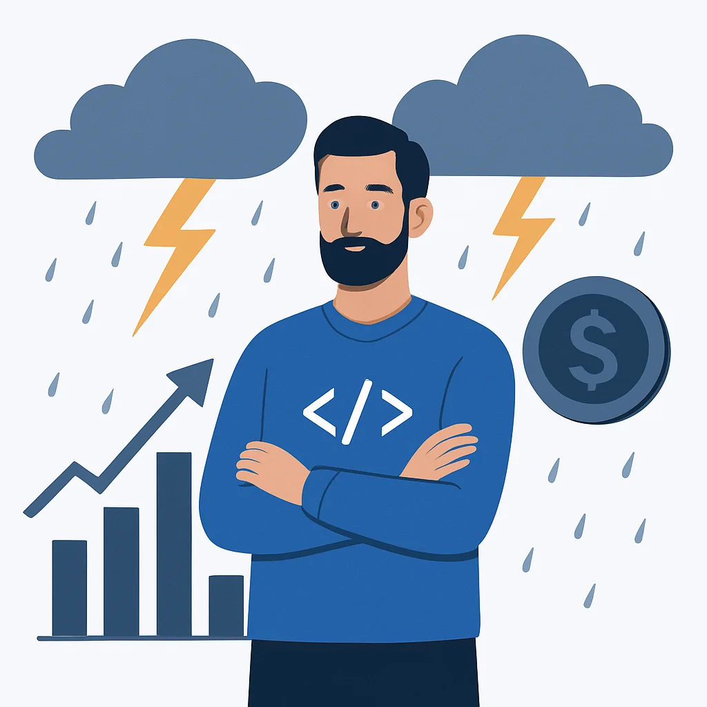 Un desarrollador con aspecto confiado y tranquilo en medio de una tormenta, simbolizando la resiliencia financiera