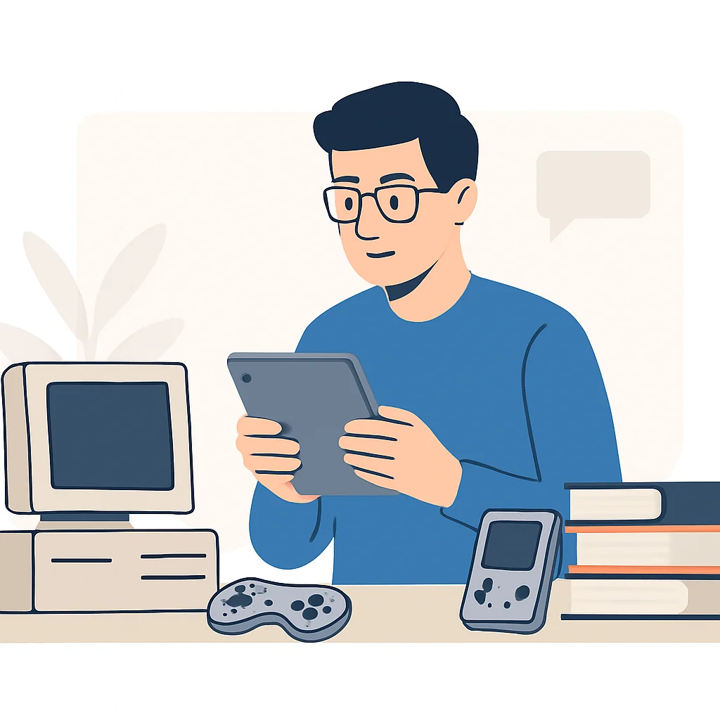 Un desarrollador revisando viejos gadgets tecnológicos y libros, preparándolos para venderlos online