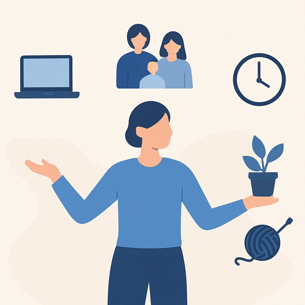 Una persona equilibrando múltiples elementos que representan el trabajo, la familia, los pasatiempos y el tiempo personal, simbolizando el equilibrio entre la vida laboral y personal