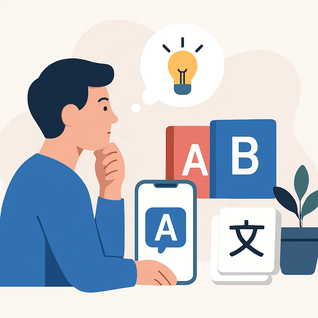 Persona examinando diversos recursos de aprendizaje de idiomas con nuevas ideas.