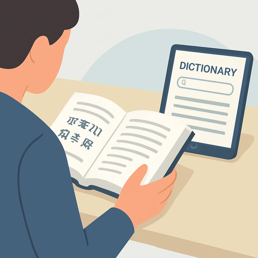Una persona leyendo un libro en un idioma extranjero con una tablet al lado mostrando una aplicación de diccionario. La escena debe enfatizar la combinación de lectura tradicional con herramientas digitales para el aprendizaje de idiomas.