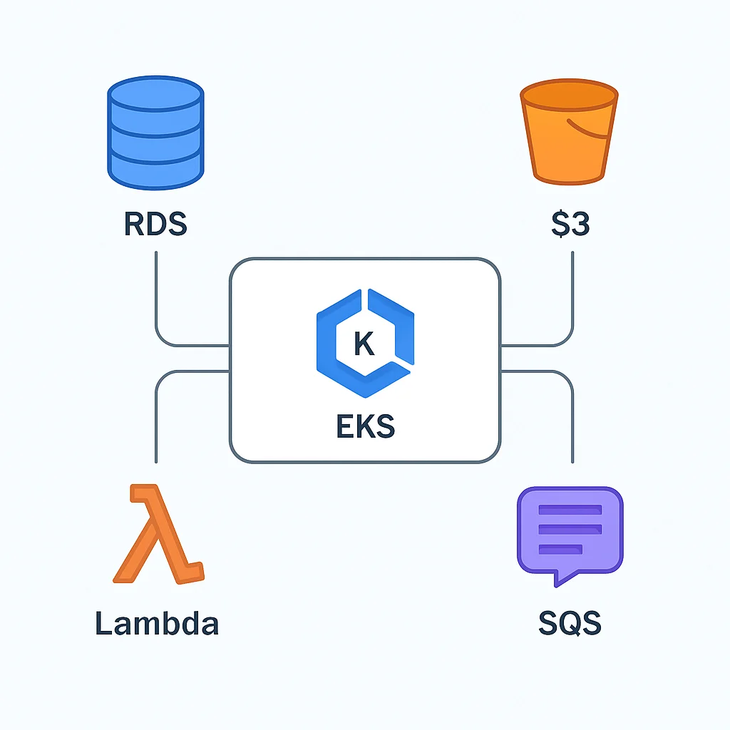 Diagrama de arquitectura mostrando EKS integrado con otros servicios de AWS como RDS, S3, Lambda, SQS