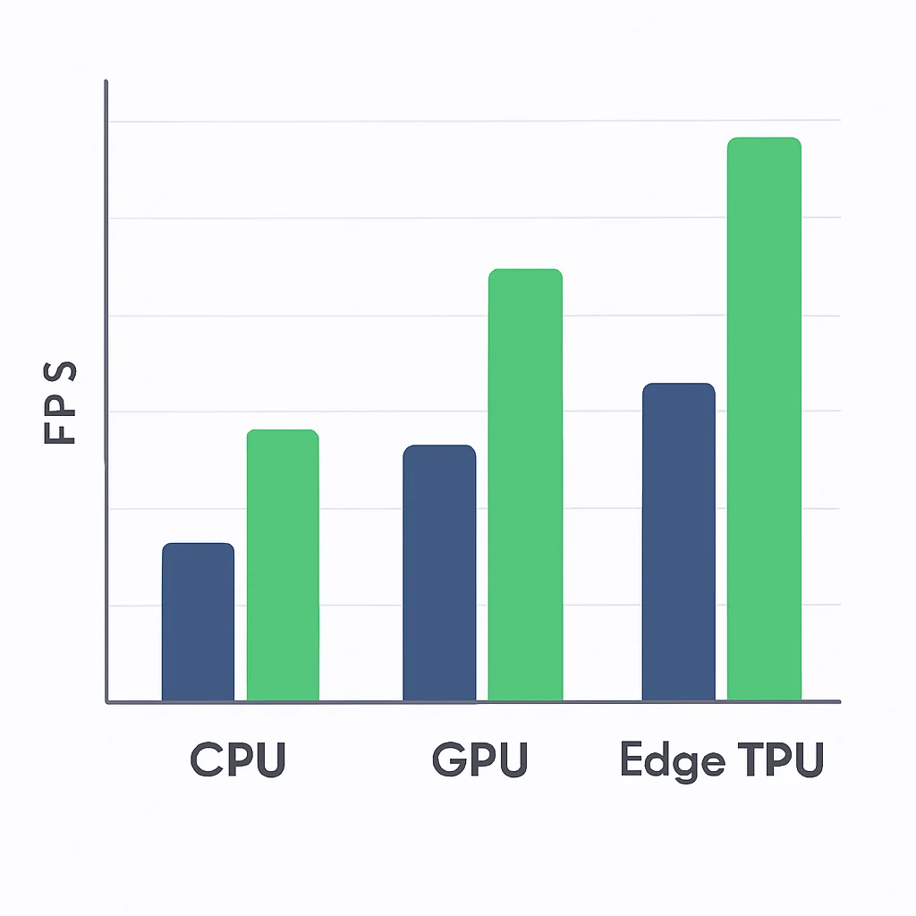 Gráfico de barras comparando velocidades de inferencia (FPS) de diferentes modelos YOLO en varios hardwares (CPU, GPU, Edge TPU)