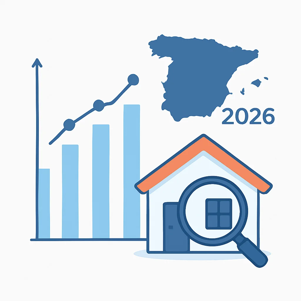 Gráfico de tendencias del mercado inmobiliario en España para 2026, con precios medios y volumen de transacciones