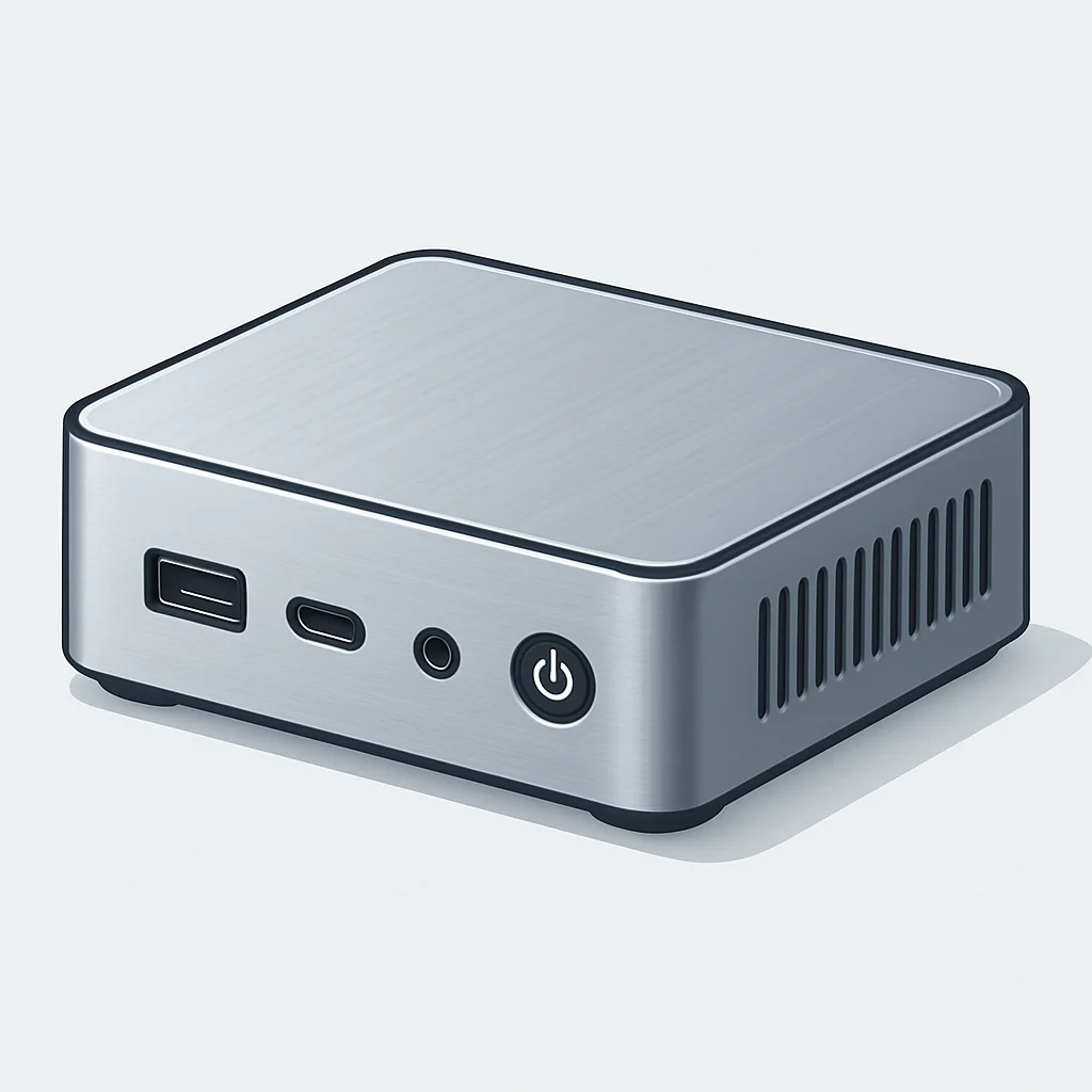 Primer plano de un elegante mini PC de aluminio con puertos visibles y textura de metal cepillado