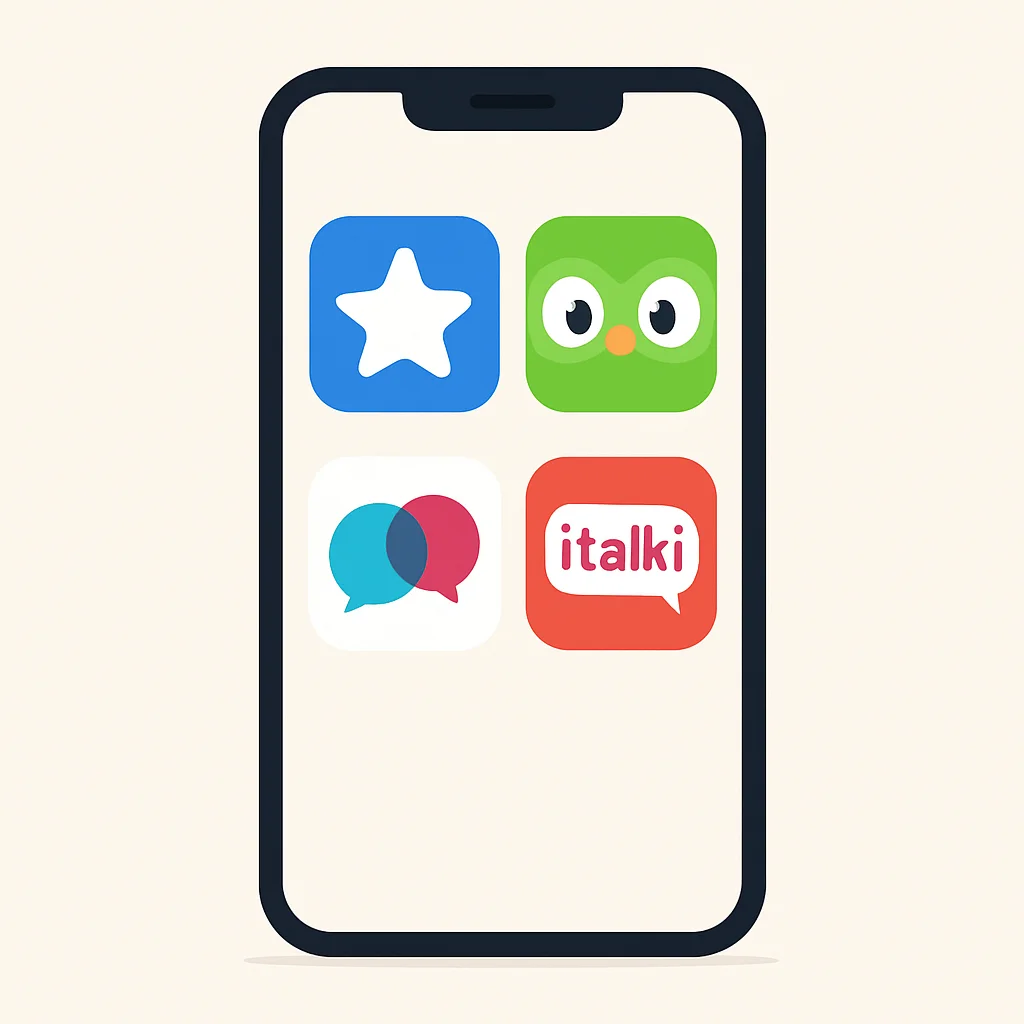 Collage de iconos de aplicaciones populares de aprendizaje de idiomas (Anki, Duolingo, Tandem, iTalki) en la pantalla de un smartphone, representando diversas herramientas para una rutina completa.