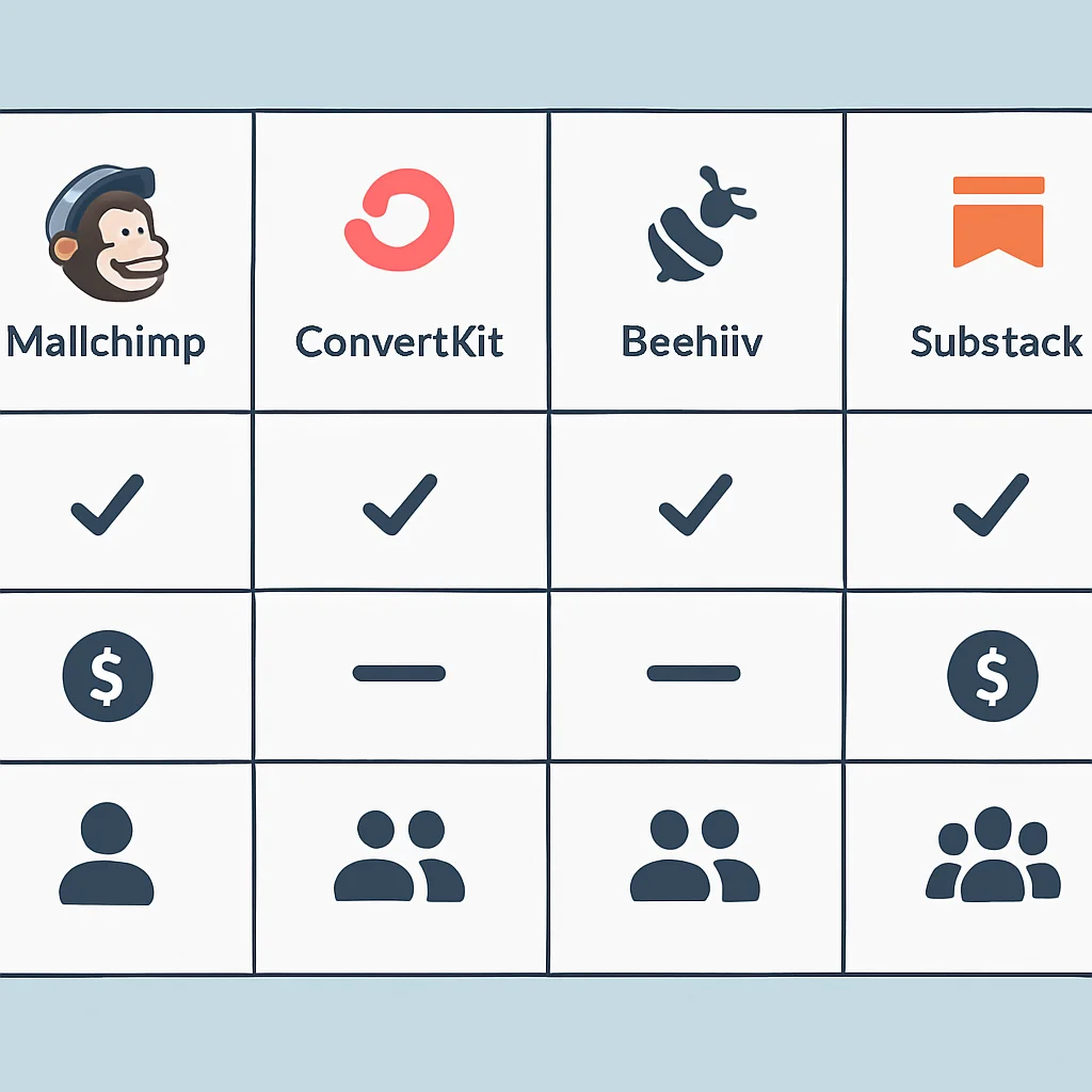Tabla comparativa de plataformas de email marketing (Mailchimp, ConvertKit, Beehiiv, Substack) mostrando características, modelo de precios y público objetivo.
