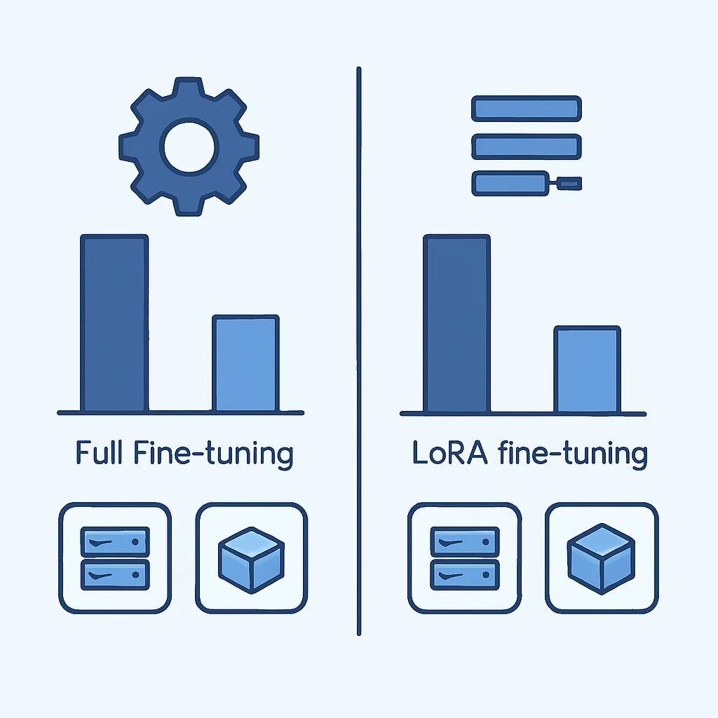 Gráfico comparativo de fine-tuning completo vs. LoRA, destacando el uso de recursos y tamaño del modelo