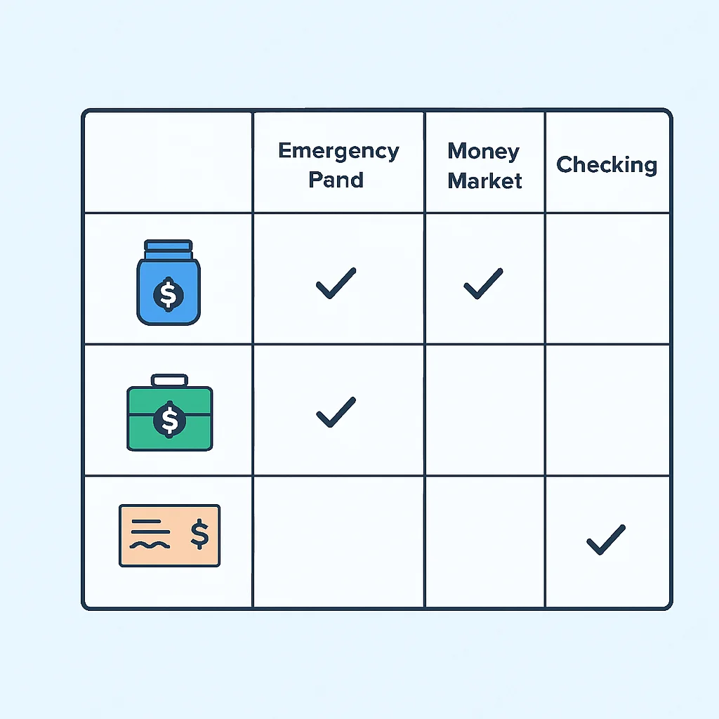 Tabla comparativa de diferentes opciones de almacenamiento para fondos de emergencia (cuentas de alto rendimiento, mercado monetario, corriente)