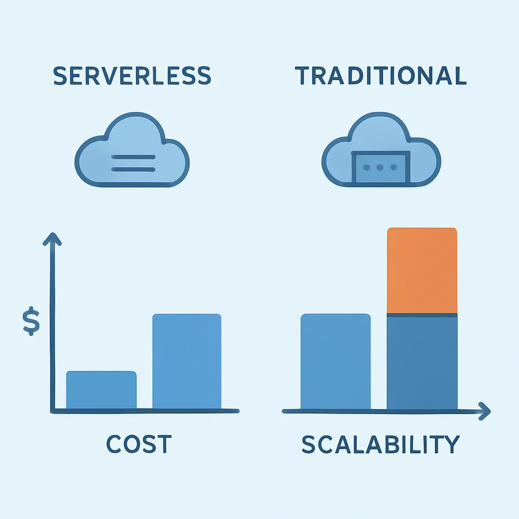 Gráfico comparativo de arquitectura serverless vs tradicional mostrando costes y escalabilidad