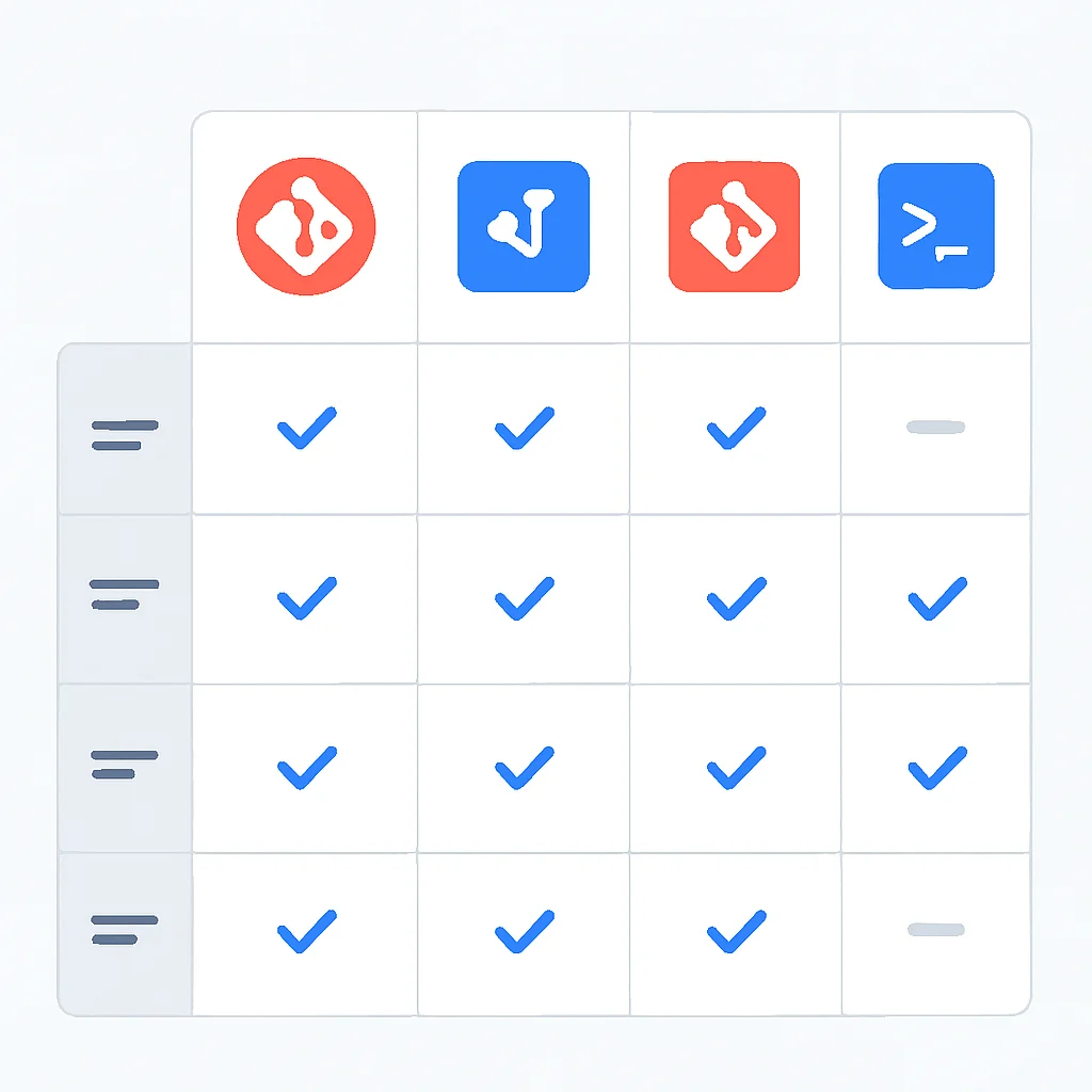 Tabla comparativa de clientes GUI de Git y sus características clave