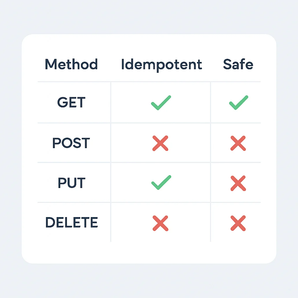 Tabla comparativa de métodos HTTP, idempotencia y seguridad